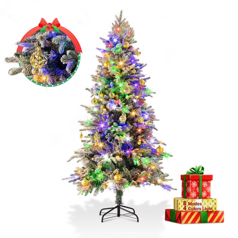 Arbre de Noël artificiel blanc neige 6 pi 6 pi avec 4 modes 8 couleurs, arbre de Noël floqué avec 200 lumières et pinecore, 1000 branches en feutre réfractaire et base pliable pour la décoration des Fêtes