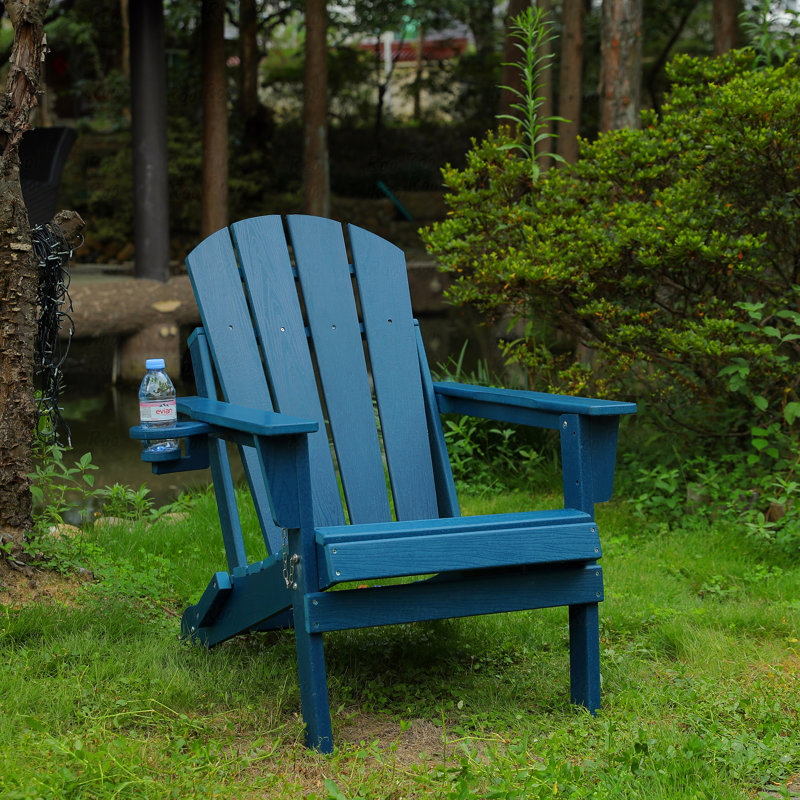 Outdoor Adirondack Chair, Foldable With Dual Cup Holder, Composite Material With Wood Texture, Navy Blue