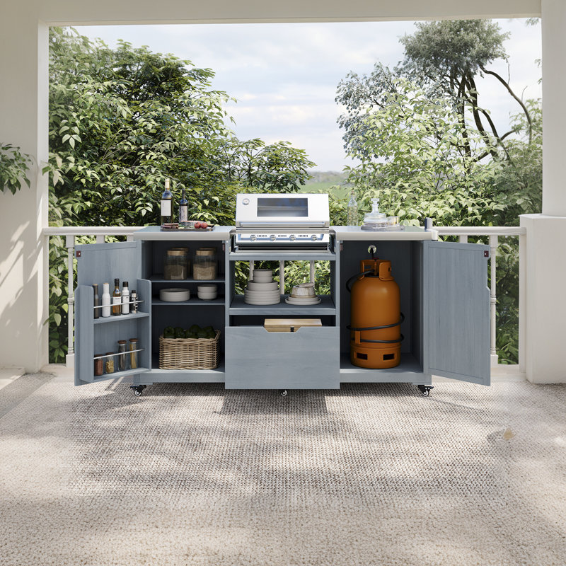 Îlot de cuisine 66,5 po en bois de sapin massif et chariot de barbecue avec comptoir en acier inoxydable, Gris te bleu