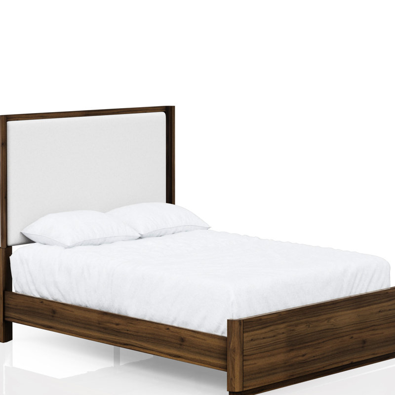 Grand lit en noyer avec tête de lit tapissier et décor