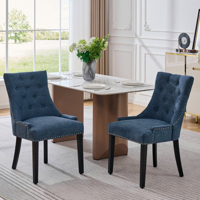 Linen Upholstered Tufted Dining Chairs with Solid Wood Legs Set of 2