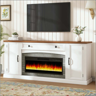 Meuble télé chauffant avec foyer électrique pour téléviseur de 70 po ou moins, console de style campagne avec gestion des câbles, meuble télé avec tiroir et tablettes réglables pour le salon