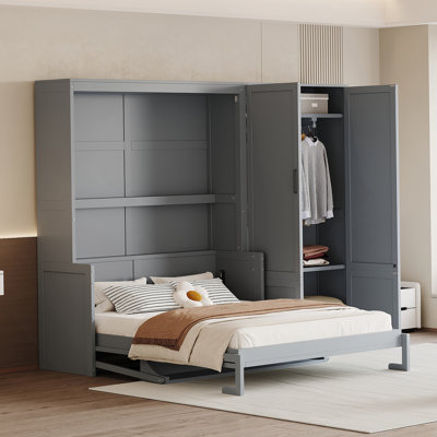 Grand lit escamotable mural avec placard, gris