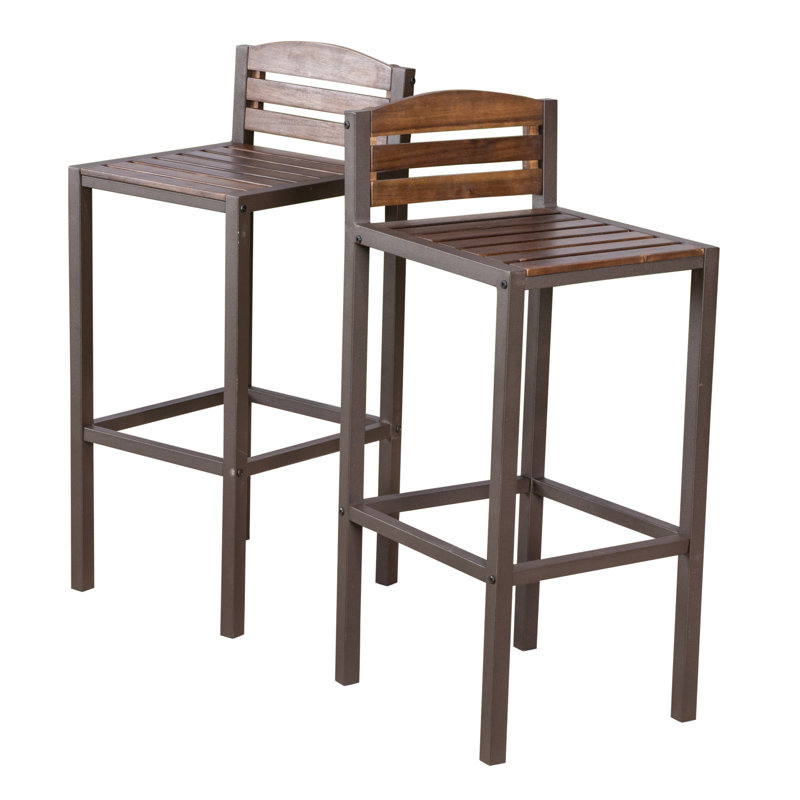 Set of 2 Outdoor Acacia Wood Bar Stools with Metal Frame - Industrial Style Counter Height Stools
