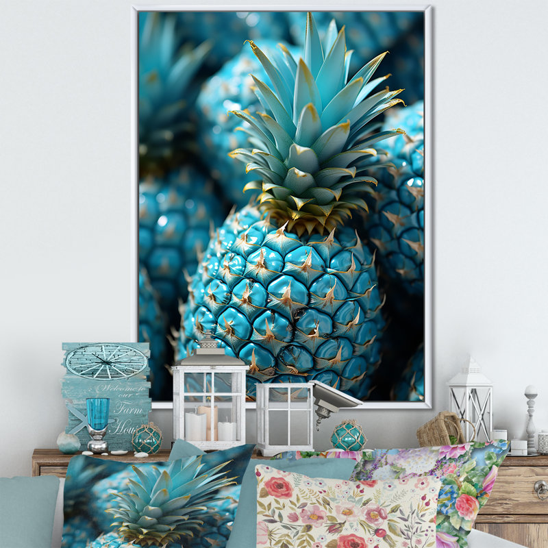 «Blue Pineapples Photo I», art mural ananas, Cadre photo noir, H 44 po x l 34 po x P 1,5 po