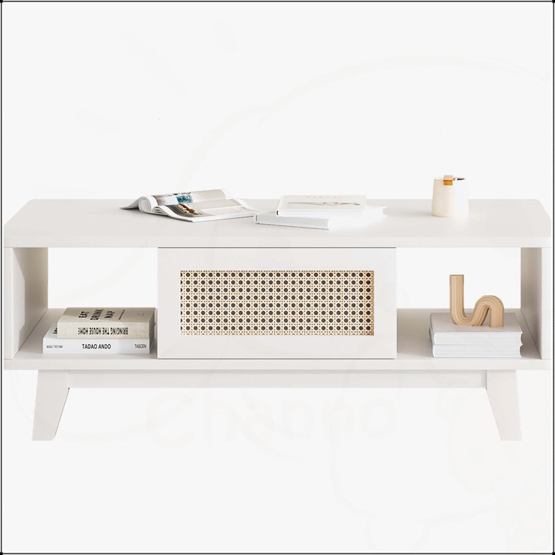 Table basse de salon de style Mid-Century avec tiroir en rotin, conception carrée moderne et pieds en bois massif pour un rangement élégant