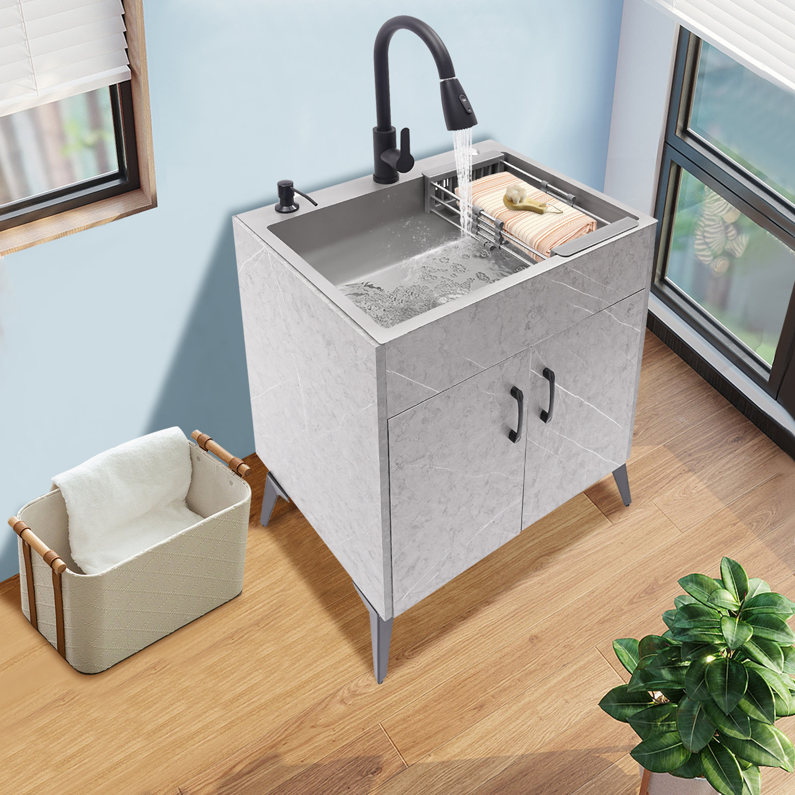Stainless steel laundry sink with cabinet hotsell