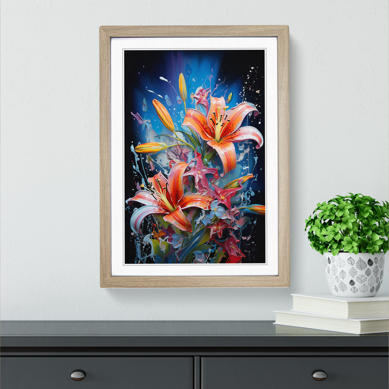 Lily Flower Action Painting No.3 - Single Picture Frame Print on Wood, Oak Framed, 64cm H x 46cm W x 2cm D
