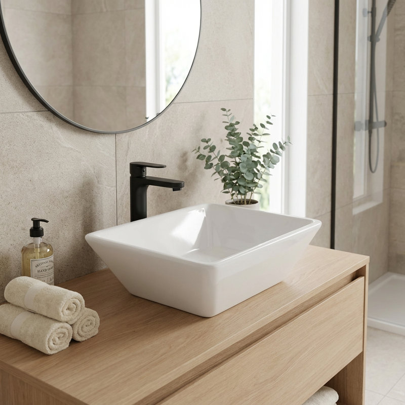 Lavabo de salle de bain carré moderne en céramique blanche 16 po x 16 po x 5 po