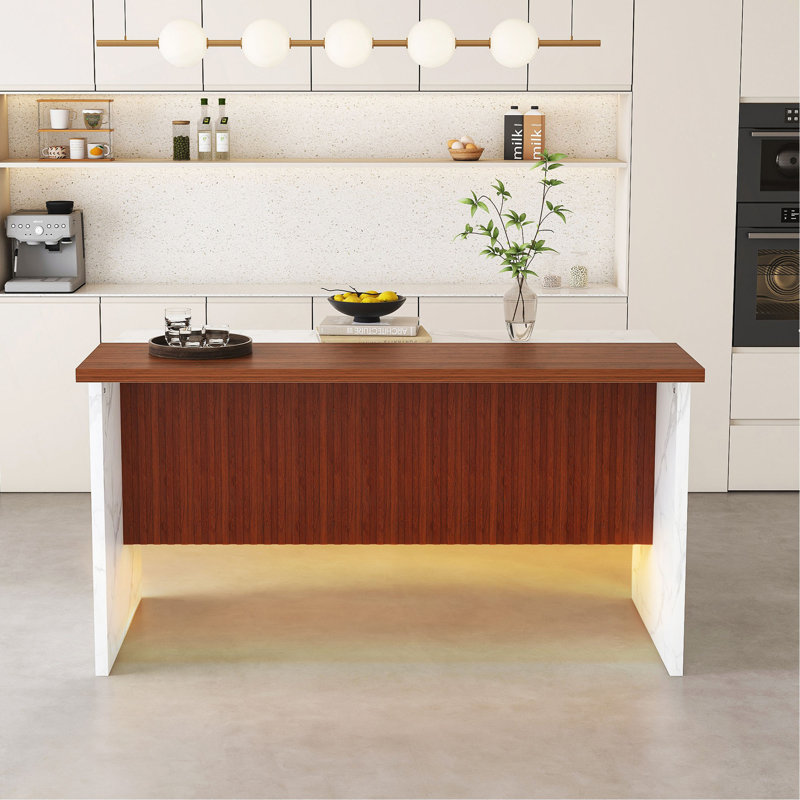 63" Modern Kitchen Island With Marble-Look Surface, LED Lights & Grille Design For Dining Room, Living Room(Island Only)