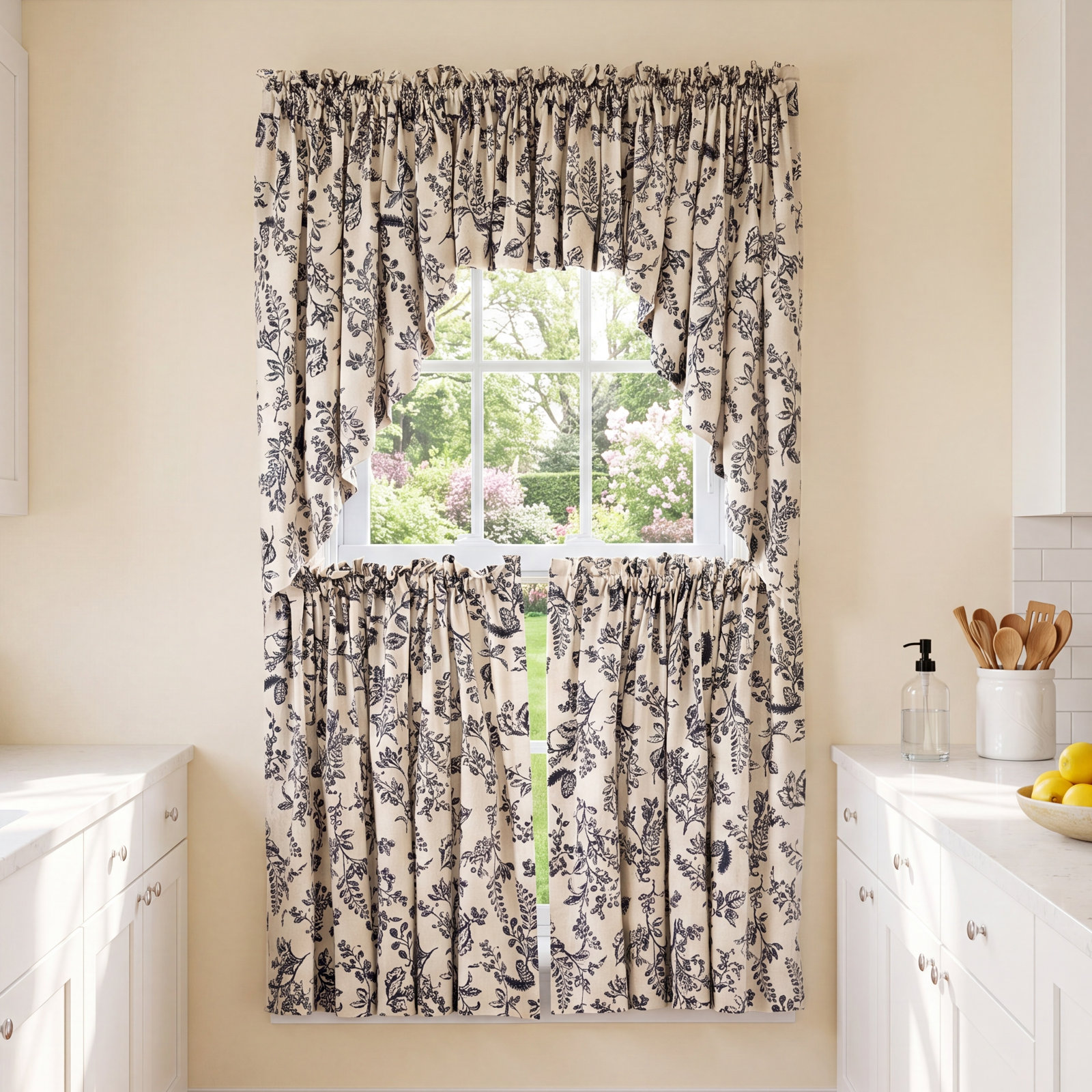 Toile Cotton Cafe Curtain, Black, 84" W x 30" L