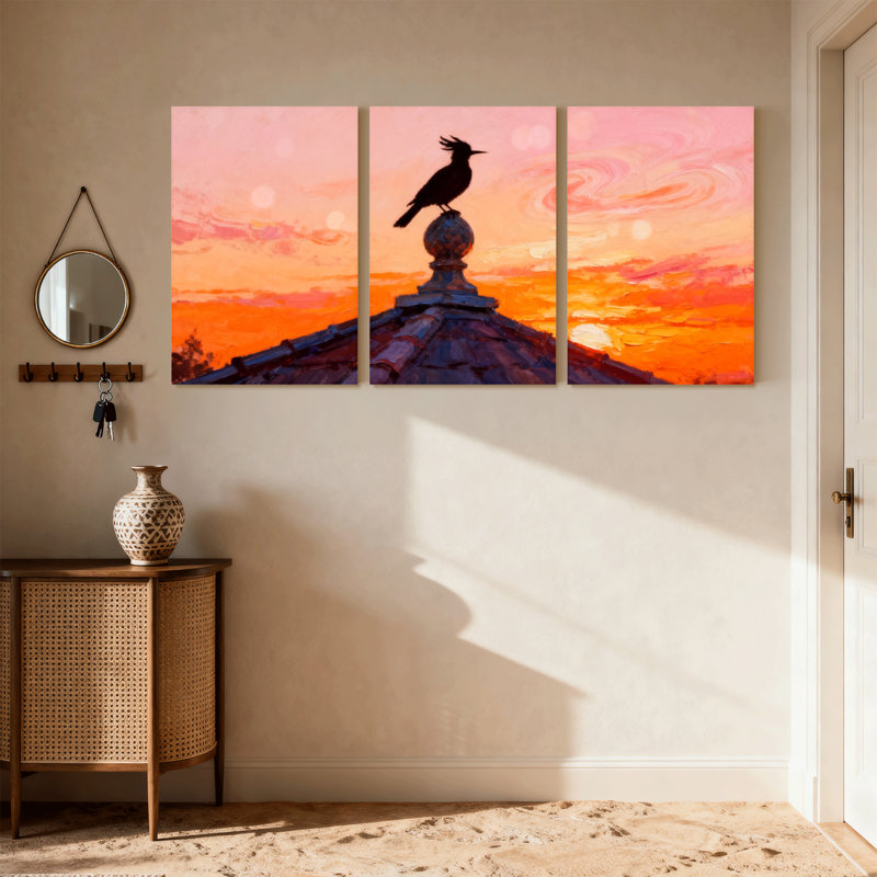 Oiseaux au coucher du soleil, H 18 po x l 36 po