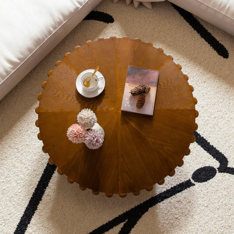 Mid-Century Modern Round Drum Fluted Coffee Table in Natural Wood with Sturdy Pedestal, 12.99" H x 38.58" L x 38.58" W