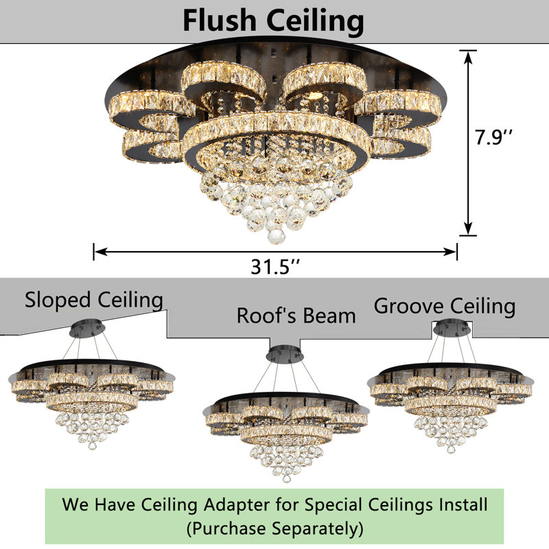 Lustre en cristal Glam, 11.8" H x 31.5" W x 31.5" D, Noir mat