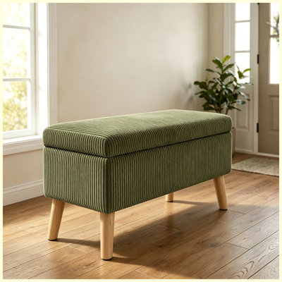 Banc de rangement avec repose-pieds 32 po en velours côtelé vert olive et pieds en bois