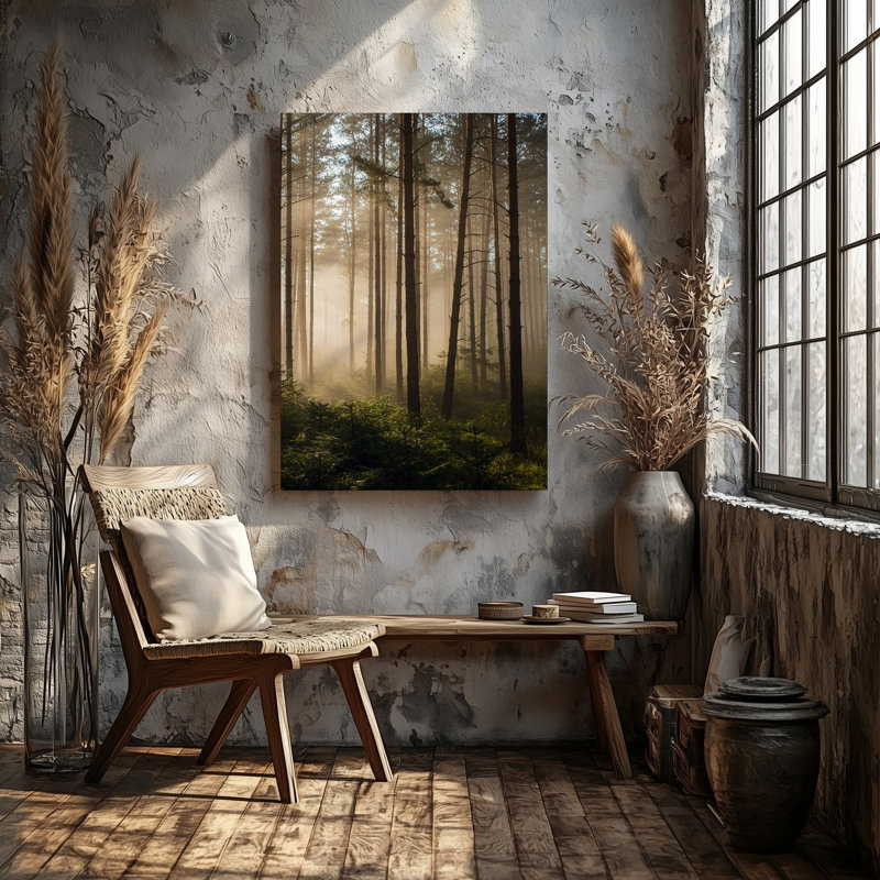 Toile «A Tranquil Forest Scene Bathed In Soft Golden Morning Light», art mural mettant en vedette de grands pins élancés avec écorce texturée