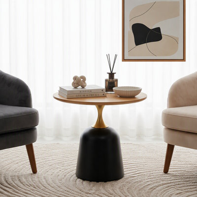 Table basse de 23,6 pouces avec table d'appoint circulaire, table de salon à base en métal, décoration moderne simple en grain de bois, bureau avec tête de lit à canapé circulaire unique.