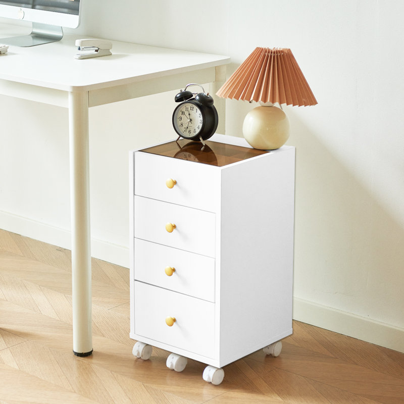 Rangement sous le bureau, commode sous le bureau avec 4 tiroirs et roulettes, armoire de bureau verticale avec plateau à bijoux en verre trempé et roulettes, blanc