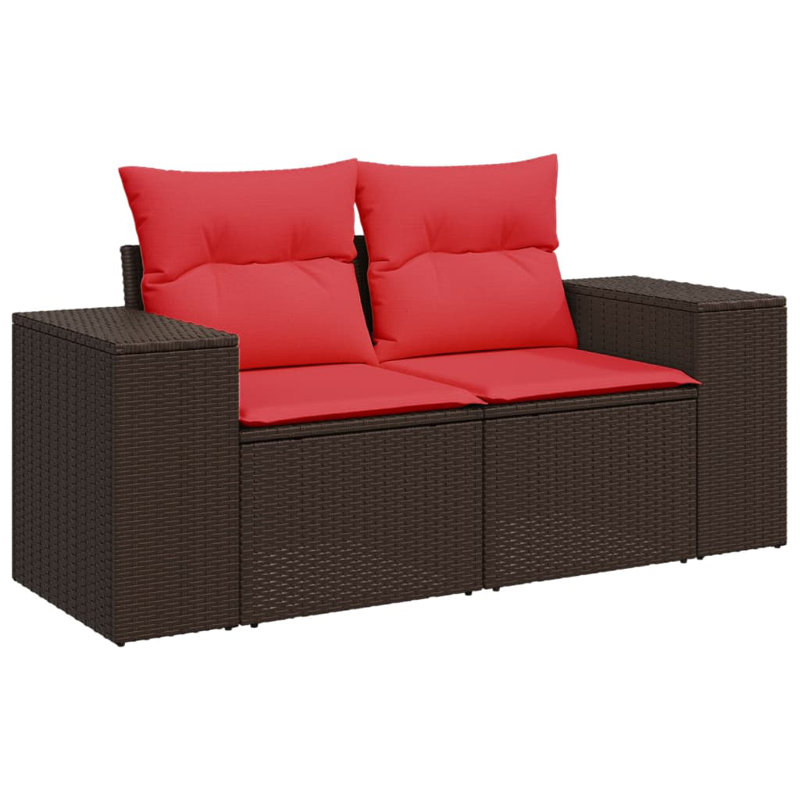 Ensemble de canapé de patio 7 pièces avec coussins en rotin de polyester, Coussin rouge / cadre brun
