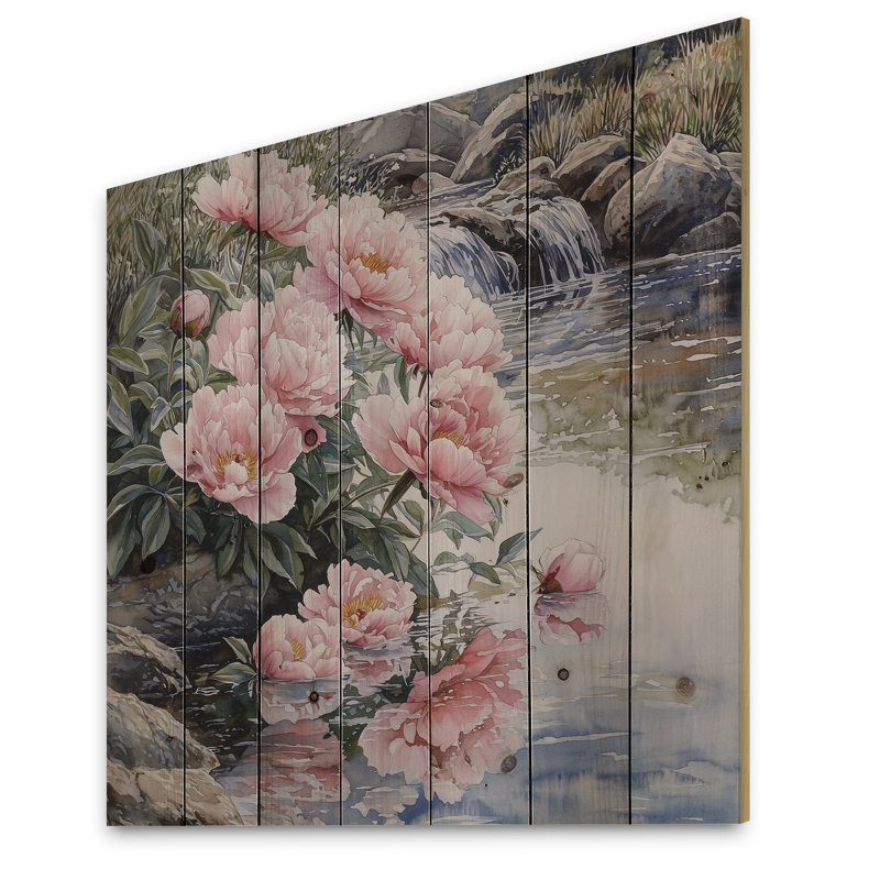 Pivoines près du ruisseau de montagne III - Art mural en bois pivoines - sur bois de pin naturel