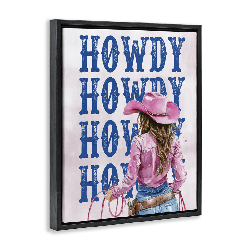  «Howdy Cowgirl with Lasso», art mural sur toile par lettré et doublé, H 31 po x l 25 po, Cadre noir