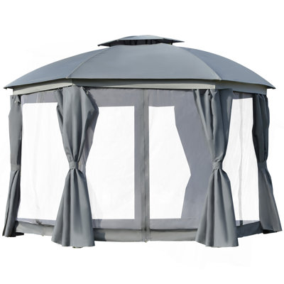 Outsunny 12' X 12' Round Outdoor Gazebo, Patio Dome Gazebo Canopy Shelter With Double Roof, Netting Sidewalls And Curtains, Zippered Doors, Strong Steel Frame, Grey