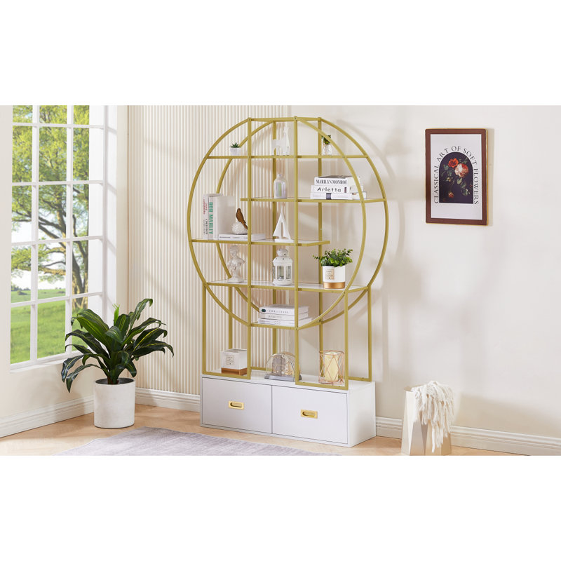 70.8 Inch Round Office Bookcase Bookshelf, Display Shelf, Two Drawers,Frame