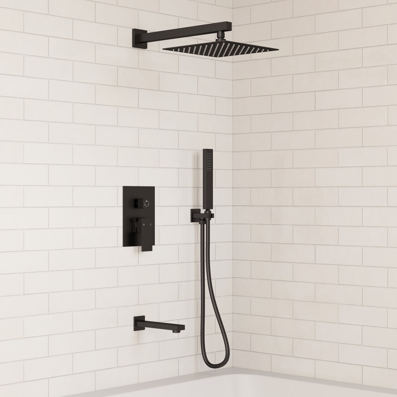 Wall Mount 10" High-Pressure Rainfall Shower System, Tub Shower Faucet Set with Rough-in Valve, Matte Black