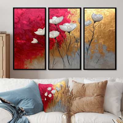 Fleurs roses et dorées, forme pure de marbre II - coquelicot, art mural - 3 pièces