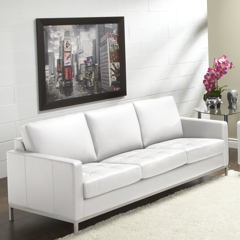 Corniche Upholstered 79'' Sofa, Polar White Genuine Leather
