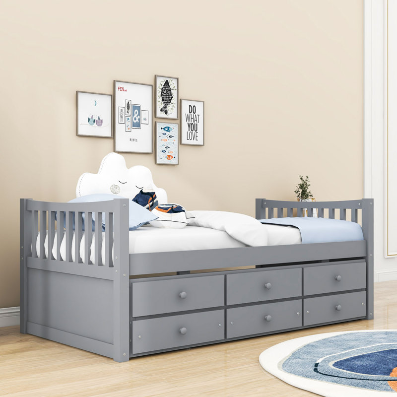3 Drawers Twin Platform Bed with Twin Trundle, Gray