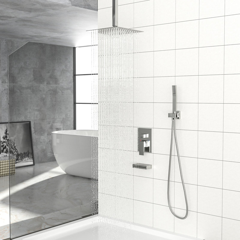 Douche de plafond de 12 po - Bec de baignoire en nickel brossé à 3 fonctions avec fonction pluie et installation facile et tête de nettoyage de 12 po - équilibrée à installer