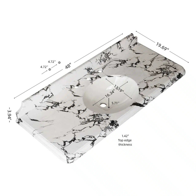 Comptoir en marbre artificiel blanc 48 pouces Panda, Argent, L 48 po