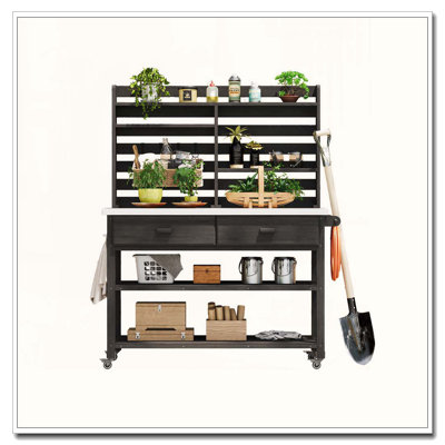 64.9" Outdoor Potting Bench with Stainless Steel Top and Wheels
