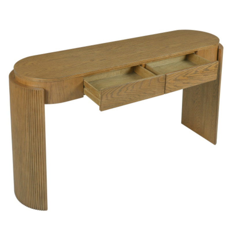 Console d'entrée avec design cannelé - plateau ovale et 2 tiroirs, Bois de chêne