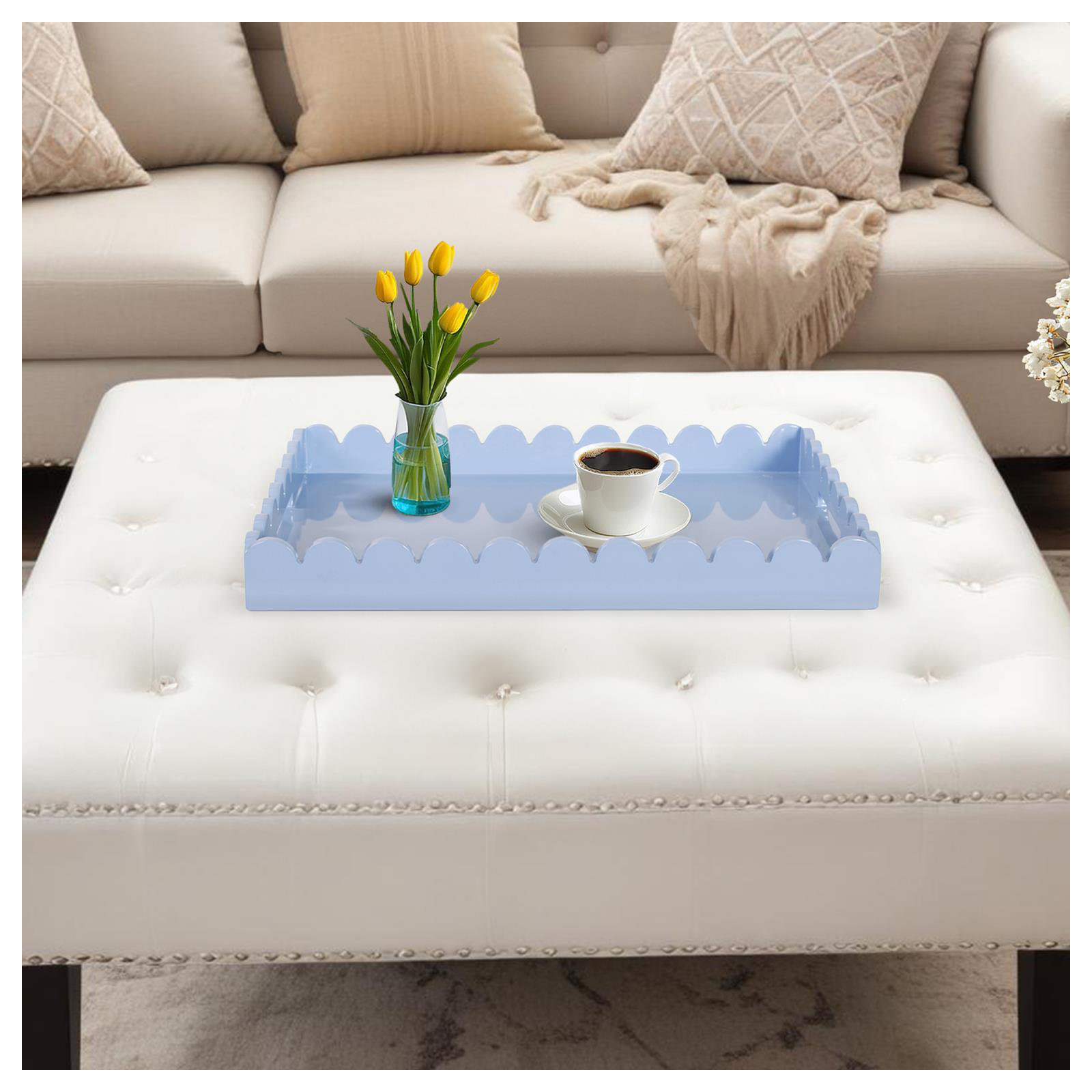 Hindley Hand-Crafted Rectangular Scalloped Wood Tray, Light Blue