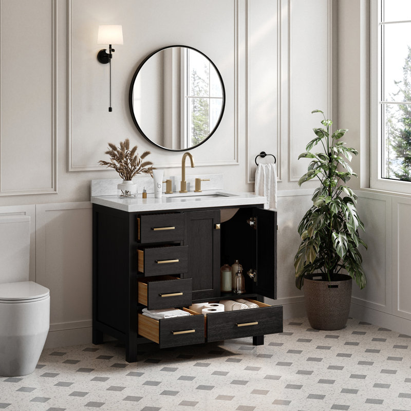 Ensemble de meuble-lavabo simple 37 po Grevera, Marbre de Carrare, Chêne noir, Rectangular
