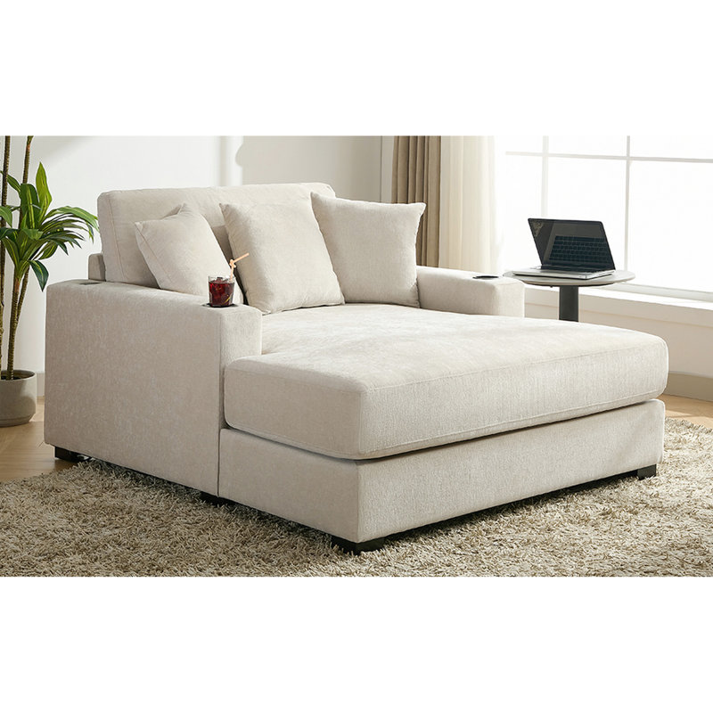Chaise longue surdimensionnée de 55 po avec housses lavables amovibles, station de charge et porte-gobelets pour se détendre dans le tissu chenille crème du salon, détente confortable