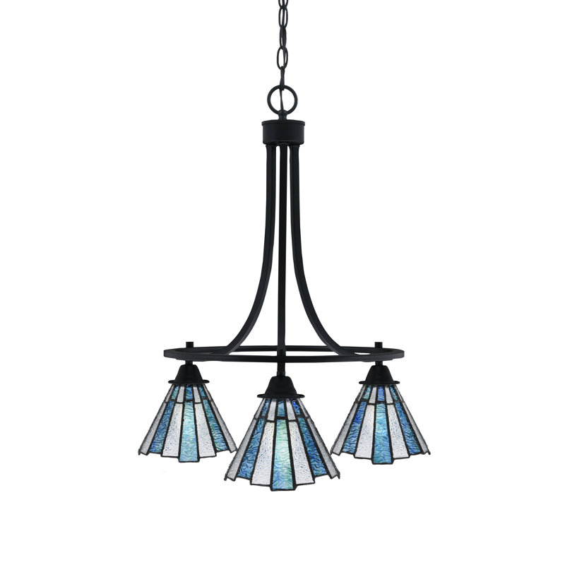 Paramount 3 Light Downlight Chandelier Shown In Matte Black Finish With 7" Sea Ice Art Glass