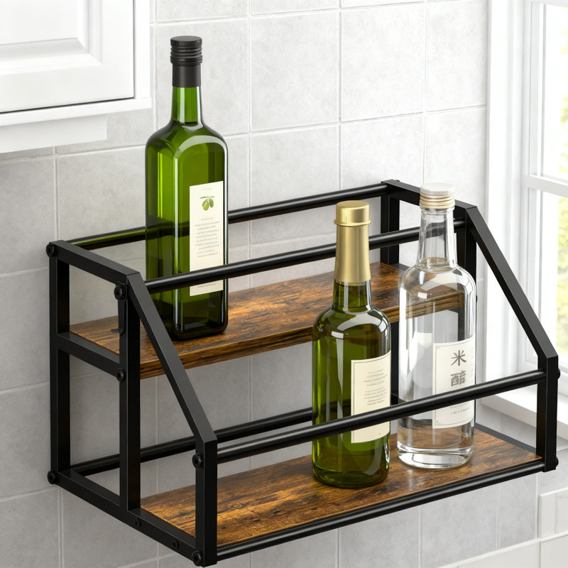 Range-bouteilles à 2 niveaux avec crochets, support de rangement pour 8 bouteilles de café, comptoir de cuisine et garde-manger, structure en métal robuste et tablettes en bois pour le vin et les condiments