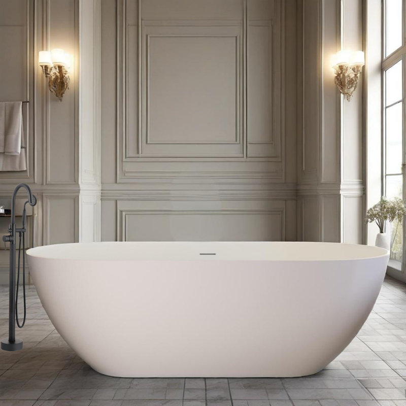 59" Freestanding Solid Surface Bathtub, Luxury Engineered Stone Resin Freestanding Soaking Bathtub with Overflow and Pop-up Drain for Contemporary Bathroom