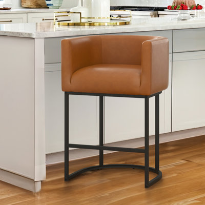 27" H Counter Height Bar Stools, Modern Barrel Counter Stools With Backrest And Arms, Black Metal Frames, Linen Fabric Upholstered Accent Barstools For Kitchen Island