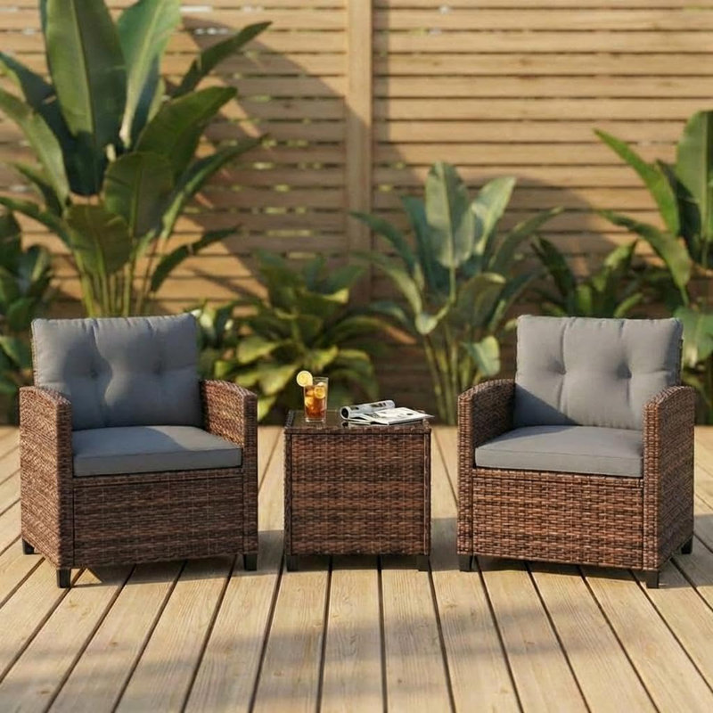 3-Piece PE Rattan Patio Furniture Set, Outdoor Wicker Chairs and Table with Tempered Glass Top and Cushions, Conversation Set for Patio, Balcony, or Poolside