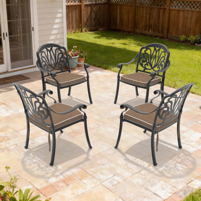4-Piece Stackable Cast Aluminum Patio Dining Chair Set with Exquisite Carved Design, Weather-Resistant Cushions