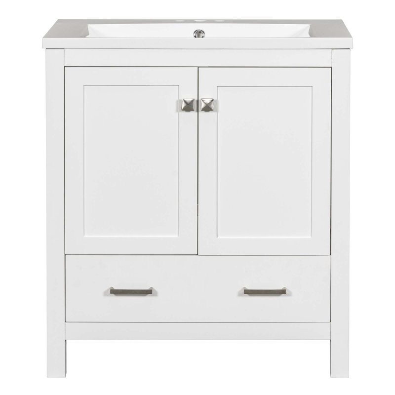 Meuble-lavabo de salle de bain avec lavabo simple, 2 portes à fermeture douce et un tiroir, Blanc