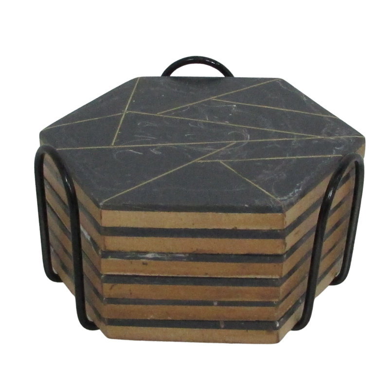 Ensemble de sous-verres géométriques en bois avec support, gris, Art déco