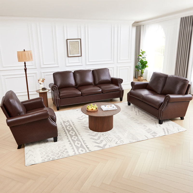 Ensemble de salon en similicuir 3 pièces, Marron foncé