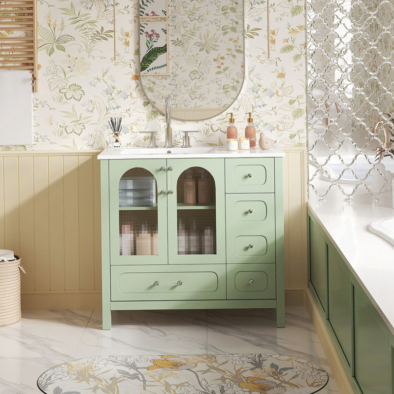 Armoire de salle de bain 36 po avec portes à texture gaufrée, meuble-lavabo avec quatre tiroirs et deux portes à fermeture en douceur, rangement pour salle de bain avec portes en verre