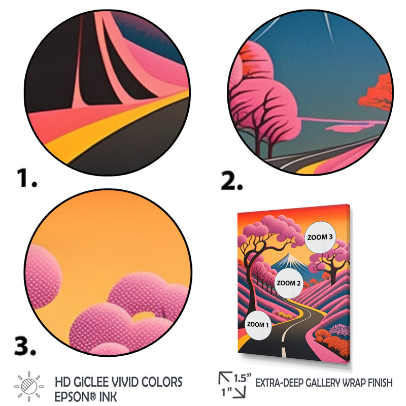 «Swirling Road Joyful Pink Mountain Landscape», reproduction sur toile, Cadre flottant blanc, 20" H x 12" W