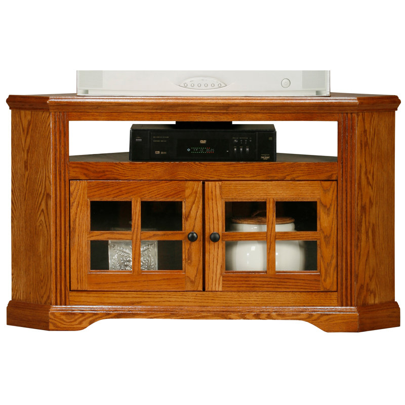 Meuble télé de coin en bois massif pour téléviseur de 50 po ou moins Rafeef, Chêne moyen, Verre ordinaire